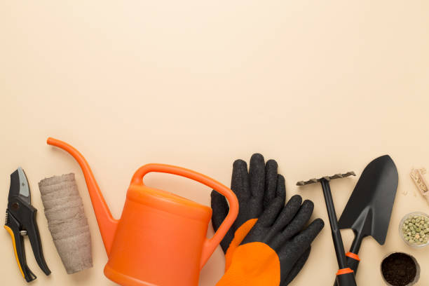 istock Orange gardening tools on color background, top view 2102445434