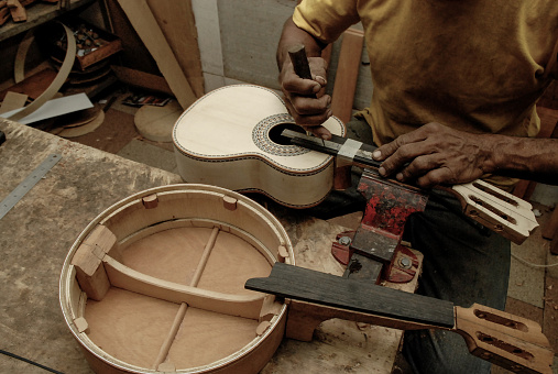 The handmade of a luthier of stringed musical instruments.
