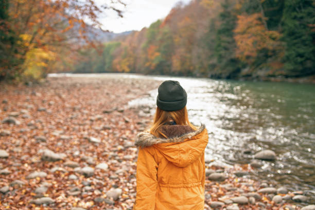 istock woman throws up her hands in nature Autumn forest river fallen leaves 2102452786