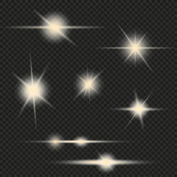 Vector illustration of Sparkling stars, flickering and flashing lights. Set of different light effects on black background