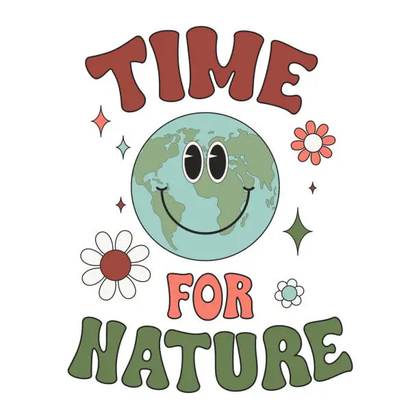 Vector illustration of Earth character in groovy style. Time for nature inscription. Ecological concept. Design for sticker, t-shirt, banner, card, poster, flyer.