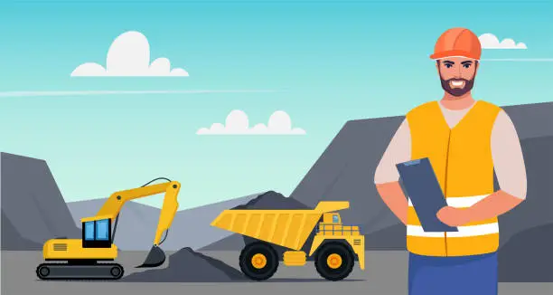 Vector illustration of Excavator and dump truck working at coal mine. Open pit mine or quarry, extraction machinery. Man engineer in orange protective helmet on the foreground. Vector illustration.