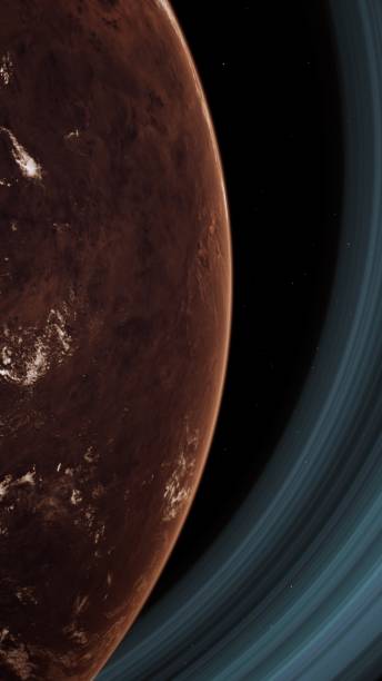 istock Red Barren Mars-Like Planet with Thin Atmosphere and Rings in Space Close Shot 2102492231