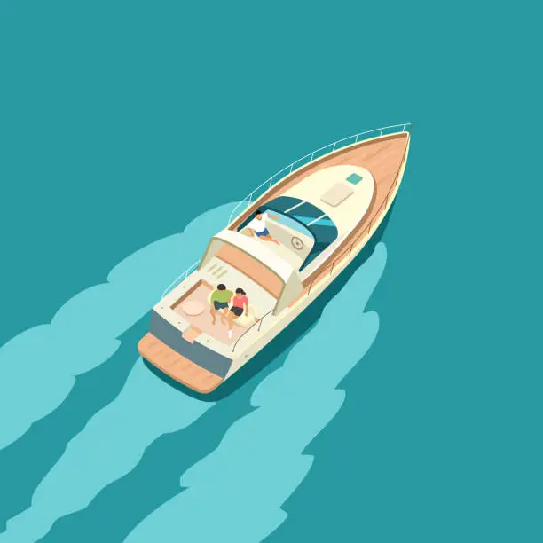 Vector illustration of Yacht at sea with people resting. Summer vacation on a yacht. Flat vector illustration