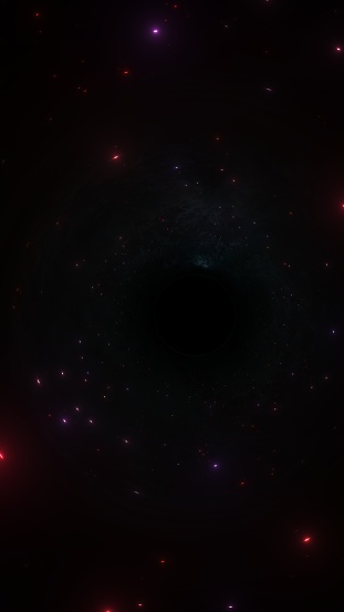 Black hole passing a red blue galaxy nebula star cluster with shining solar systems in infinite cosmos. Vertical 3D illustration for depiction of gravitational lens effect of a singularity in universe.
