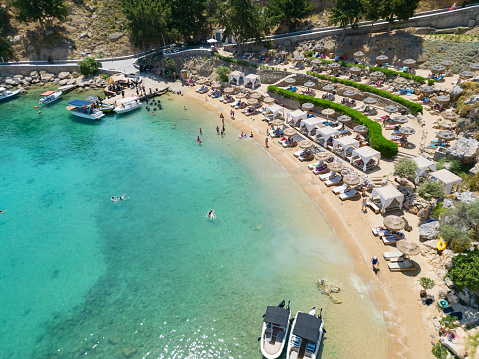 Aerial view of the beach at St. Pauls Bay in Lindos, Rhodes, Greece