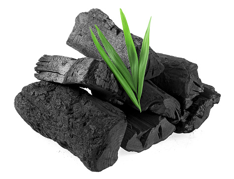 Natural wooden charcoal with bamboo leaves isolated on a white background. Hard wood charcoal powder has medicinal properties.