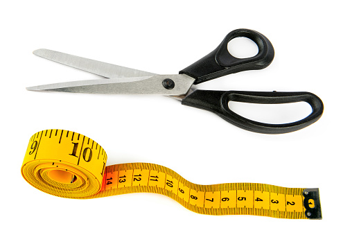 Measuring tape and tailor scissors isolated on white background. Collage.