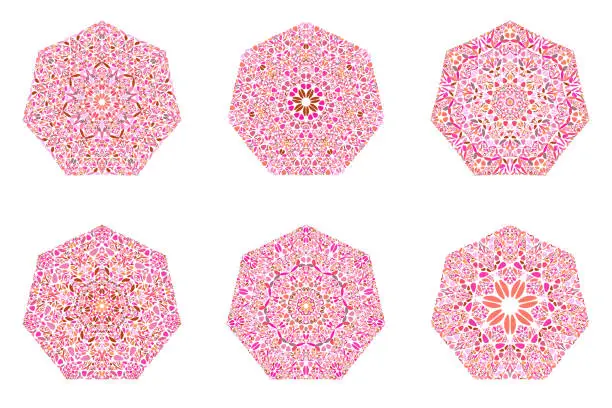 Vector illustration of Ornate geometrical isolated floral mosaic ornament heptagon symbol set