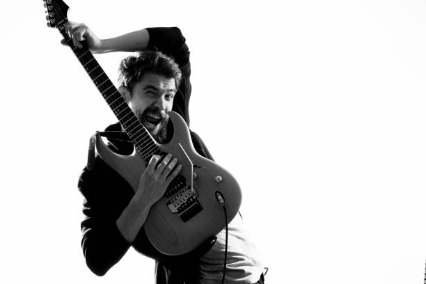 istock Male musician with guitar rock star performing entertainment program 2102533507