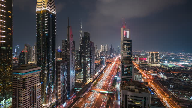 Dusk to Night Timelapse of Traffic and Skyscrapers Along Sheikh Zayed Road in Dubai, UAE