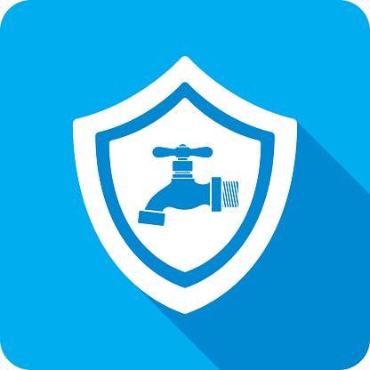 Vector illustration of a shield with faucet icon against a blue background in flat style.
