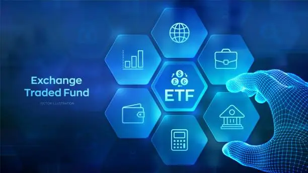 Vector illustration of ETF. Exchange traded fund stock market trading investment financial concept. Stock market index fund. Business Growth. Hand places an element into a composition visualizing ETF. Vector illustration.