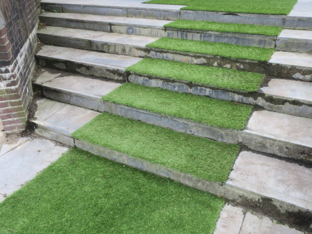 istock green carpet of grass laying on a grey staircase 2102563117
