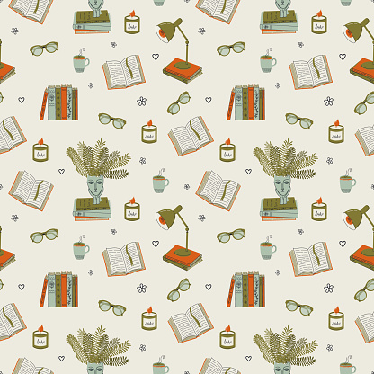 Seamless pattern with cozy home interior stuffs. Book stack, houseplant, eyeglasses, coffee, aroma candle. Hygge home atmosphere. Retro style vector background.