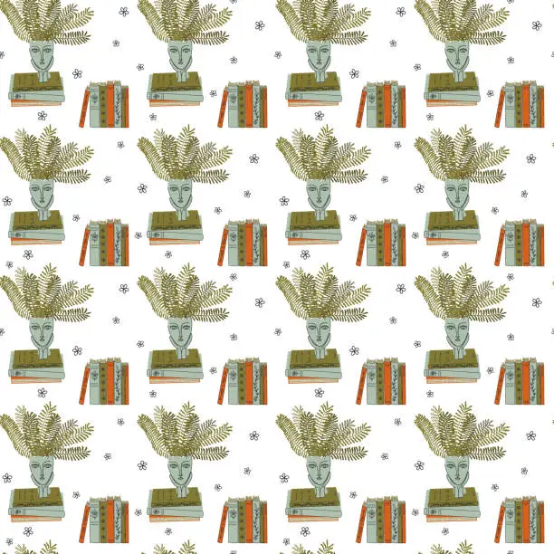 Vector illustration of Seamless pattern with book stacks and houseplant in flat style. Love reading and education concept. Cute cozy home background. Hand drawn vector illustration for paper, fabric, scrapbook.