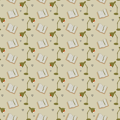 Seamless pattern with reading stuffs. Open book, electric lamp, doodle heart. Hobby or education concept. Retro style vector background.