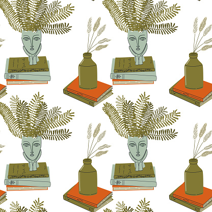 Seamless pattern with books and houseplants. Cozy home interior background with book stacks, pampas grass, potted plants. Hygge home atmosphere. Retro style vector illustration.