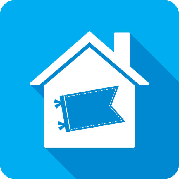 House Pennant Icon Silhouette 2 Vector illustration of a house with pennant flag icon against a blue background in flat style. pep rally stock illustrations