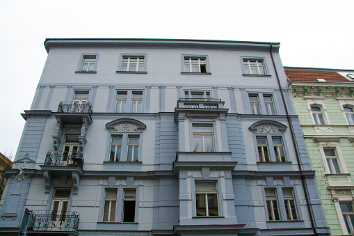 brightly blue building in Prague