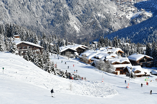 Ski slopes at Nätschen above Andermatt, looking towards Hospeltal, Realp and Furka Pass in the Urseren Valley in Switzerland