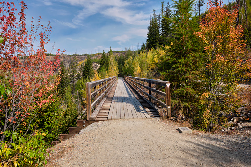 A view looking along a hiking trail passing over one of the Kettle Valley trestles from one end to the other