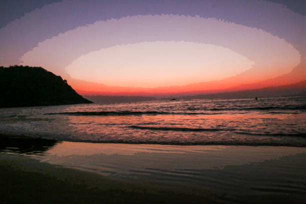 Awe sunset view  on beach and Indian ocean  in Goa (or Kerala ot Karnataka). Small boat in water