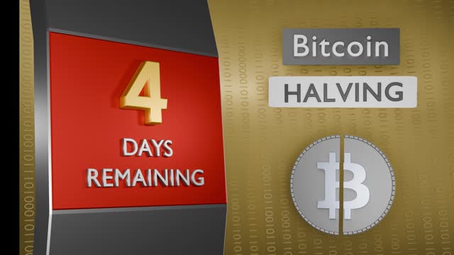 Bitcoin Halving countdown reminder 4 days remaining concept. 3D Render animation