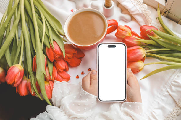 istock Phone with isolated screen on background of spring decor 2102604624