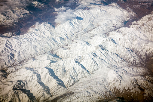 Aerial view of the Zagros snow-capped mountains in Iran