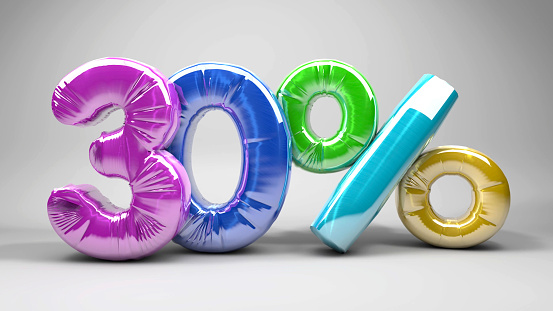 Cute 30% discount opportunity balloons standing on white background. / You can see the animation movie of this image from my iStock video portfolio. Video number: 2080204875