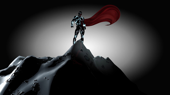 A new generation superhero looking at the horizon from the top of a snowy mountain. / You can see the animation movie of this image from my iStock video portfolio. Video number: 2089686783