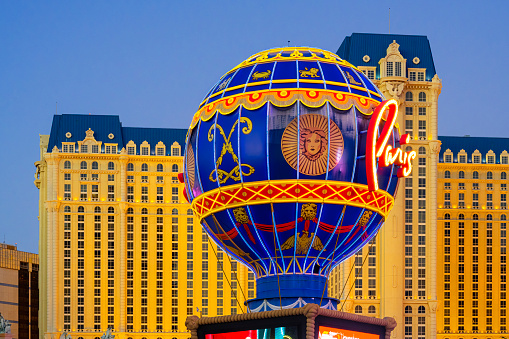 Las Vegas,  Nevada, United States - September 27, 2023: Hotel and air balloon of the Paris Paris hotel and casino at the Las Vegas Strip