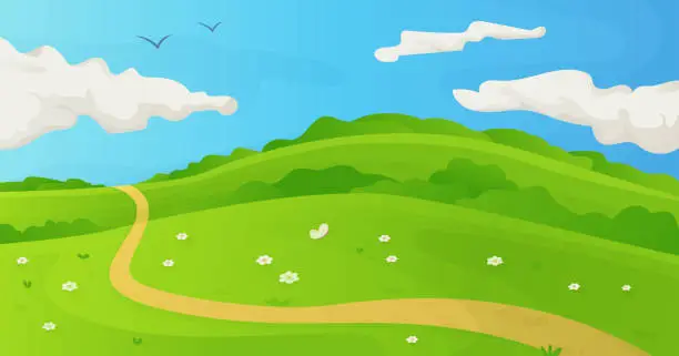 Vector illustration of Summer prairie landscape. Grass fields with flowers and sky with fluffy clouds.