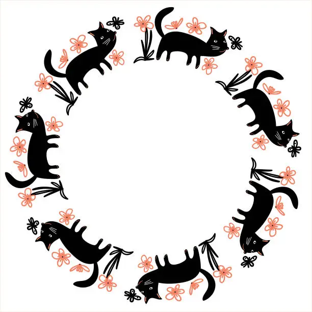 Vector illustration of Vector wreath of black cats, flowers and butterflies.