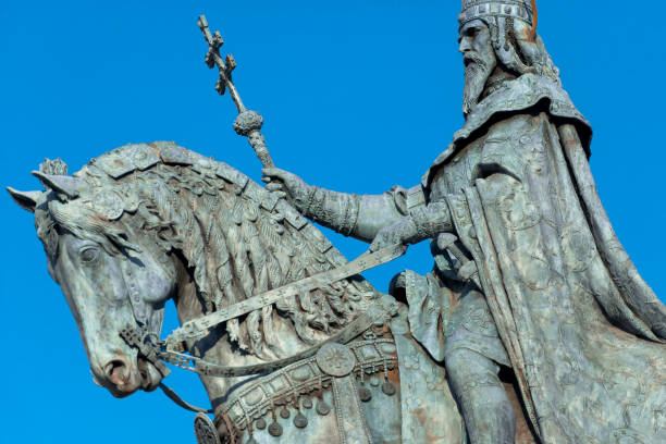 istock Equestrian bronze statue of Saint Stephen or King St. Stephen I (Istvan) against a blue sky. Budapest, Hungary 2102653858