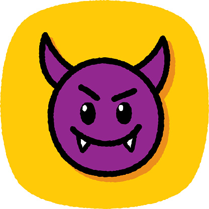 Vector illustration of a hand drawn purple devil emoji face against a yellow background with textured effect.