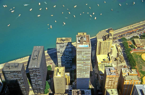 This picture has been taken the 4th of July 2015 in Chicago from a skyscraper. We can see some boats meeting for the party on the Michigan's Lake. 