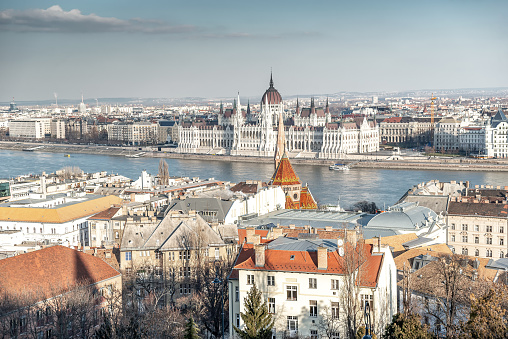 Winter Budapest cityscape with Hungarian parliament building and Danube river. Hungary