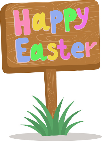 Vector illustration of a signboard standing in the grass. Happy Easter wooden signboard.Easter illustration.
