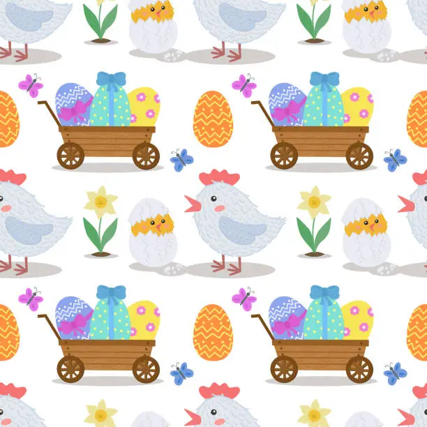 Vector illustration of Seamless pattern with chicken, egg, flowers, egg cart, butterflies. Vector illustration for Easter.