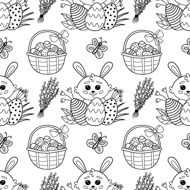 Vector illustration of Seamless pattern with flowers, willow, basket with eggs and rabbits for Easter, vector illustration. Easter vector pattern with rabbit, butterfly, eggs, cake.