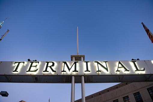 This is an illuminated sign of the word Terminal in downtown Cleveland, Ohio.