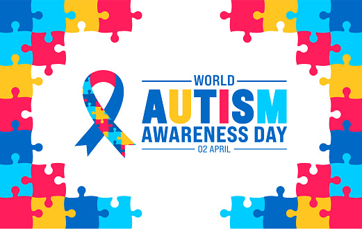 2 April world Autism Awareness Day colorful Puzzle icon with puzzle Awareness Ribbon banner