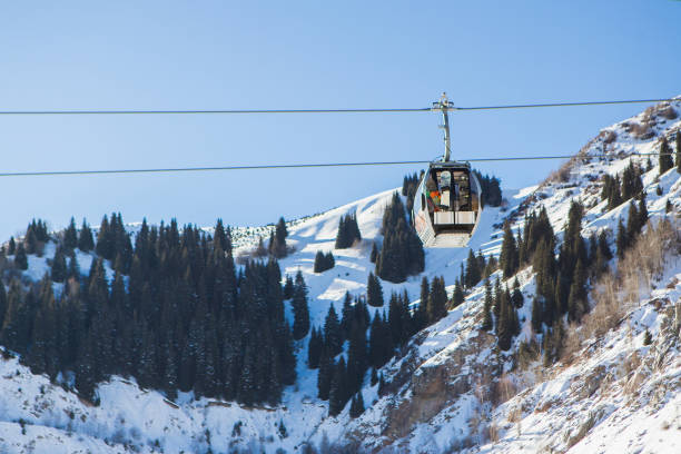 Close-up of cable car or ski lift cabin with alpine skis moving against the background of cloudy sky. Winter, Vacation. Extreme sport.  Travel content
