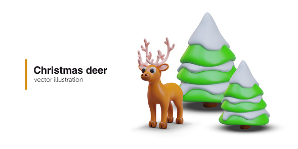 Antlered deer near snowy Christmas trees. Winter animal, helper of Santa Claus. Color image on white background. Cute New Year character. Web design in plasticine style