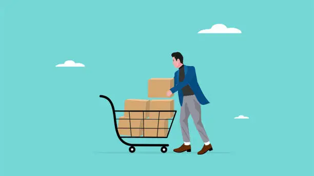 Vector illustration of raw materials inventory shopping, Inventory Management With Goods Demand And Stock Supply Planning, Businessman put raw materials in shopping cart as supplies for production needs concept illustration