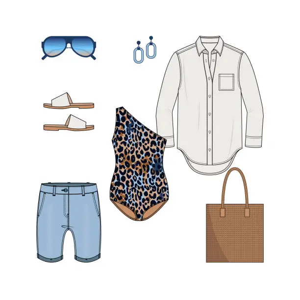 Vector illustration of Women fashion summer set with one-piece leopard print swimsuit