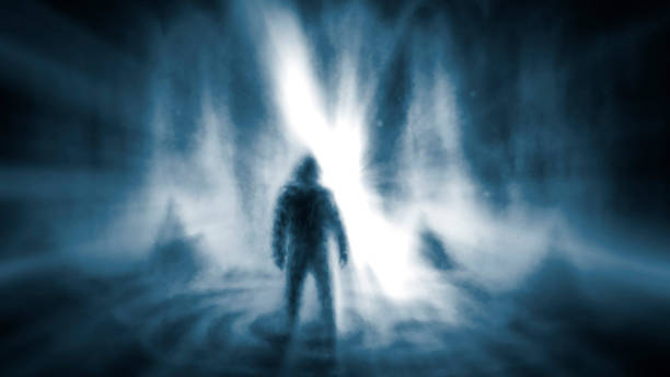 istock Spooky dark monk 2D illustration. One hooded man stands inside cave. Mysterious light inside ritual room ancient temple. Horror fantasy genre. 2102771043