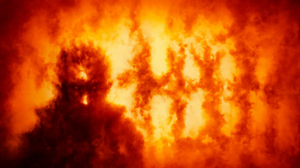 istock Scary man silhouette stands with his back to fire. Burning house 2d illustration. Horror fantasy genre. Dark visions hell. Creepy Halloween. Apocalyptic doomsday theme. Orange background. 2102771048